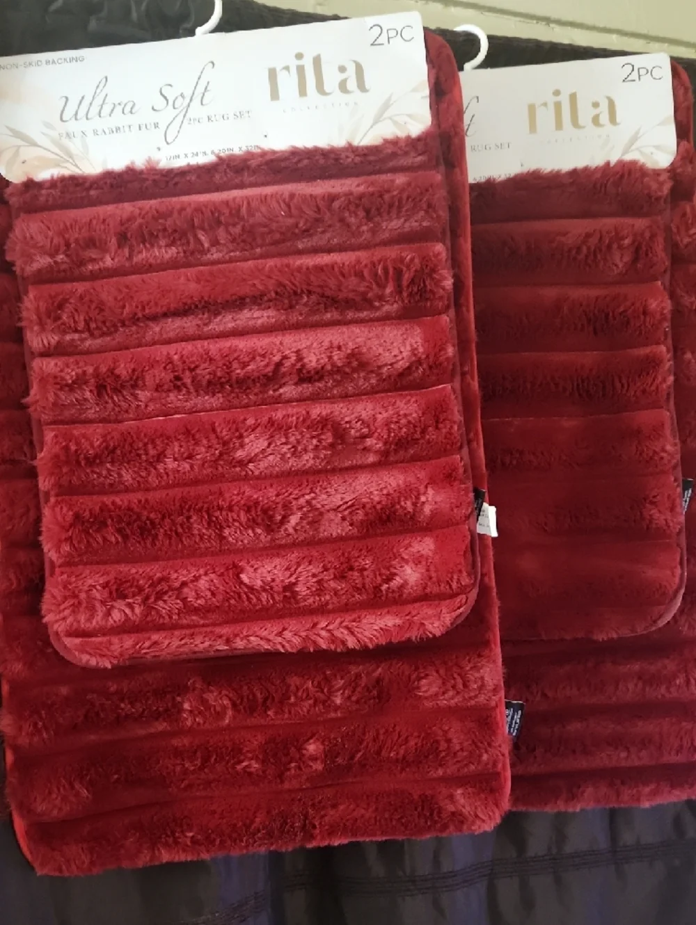 Faux Rabbit Fur. Ultra Soft Red Bath Rug Set - 2 Piece Bundle